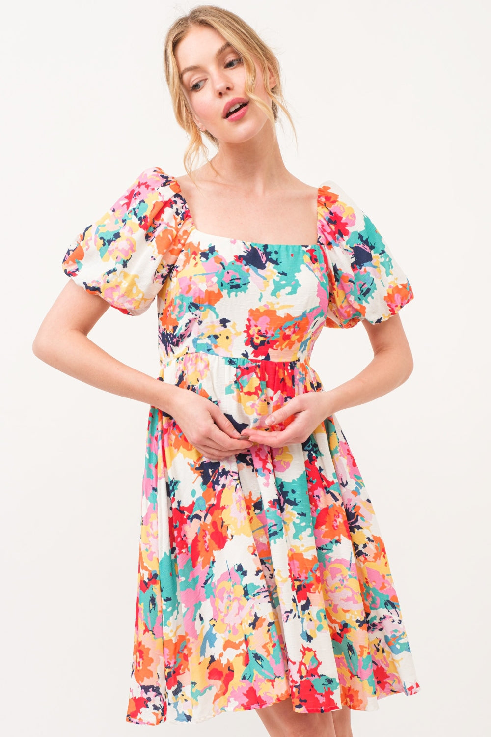 Square Neck Puff Sleeve Floral Dress