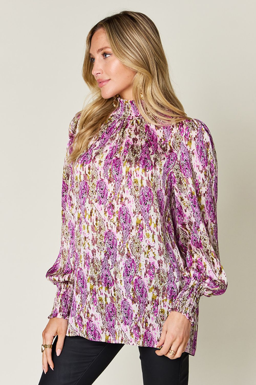 Full Size Printed Smocked Long Sleeve Blouse