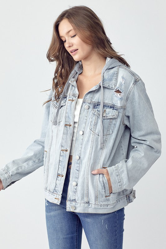 Full Size Distressed Drawstring Hooded Denim Jacket