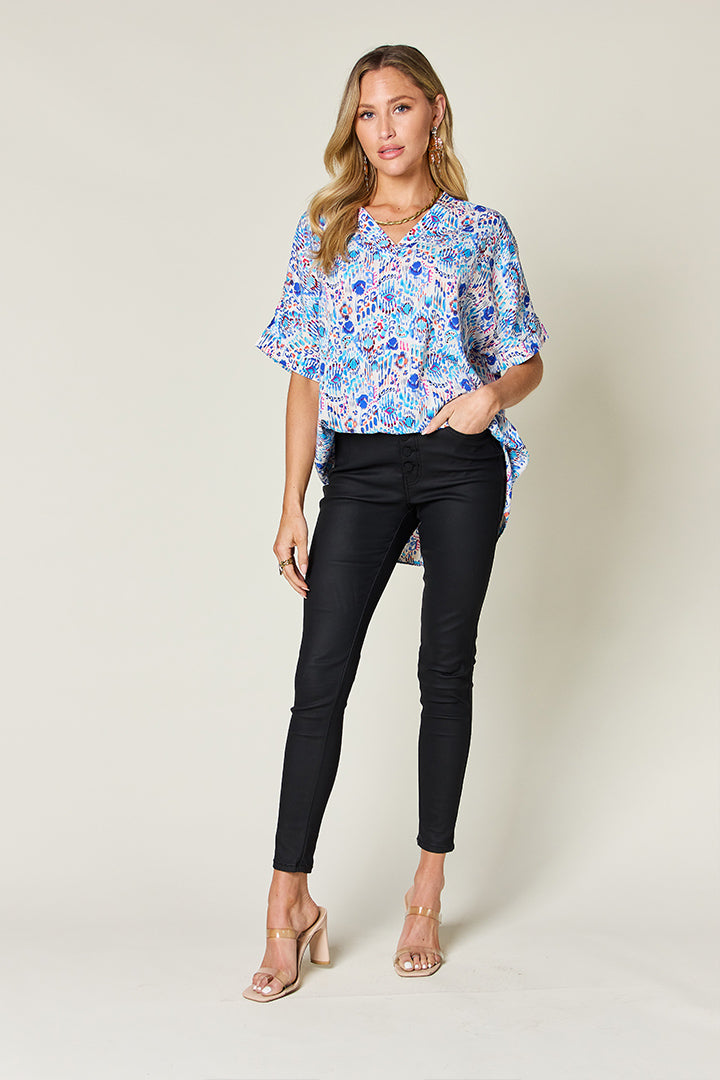 Full Size Printed V-Neck Short Sleeve Blouse