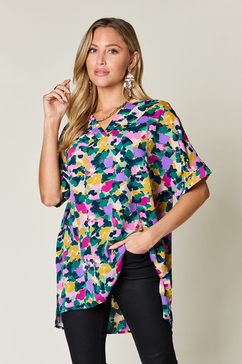 Full Size Printed V-Neck Short Sleeve Side Slit Top