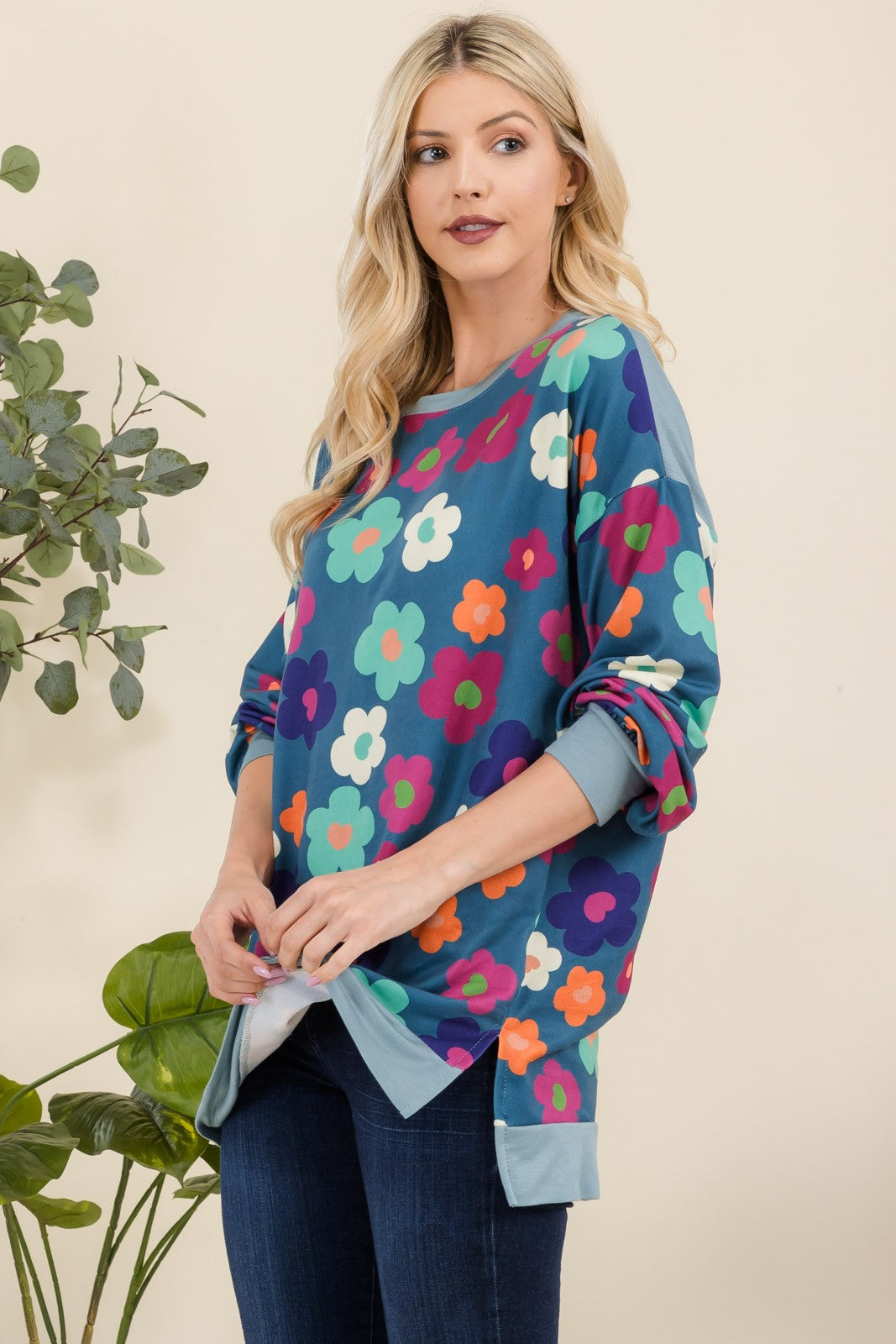 Full Size Side Slit Flower Print Long Sleeve Top