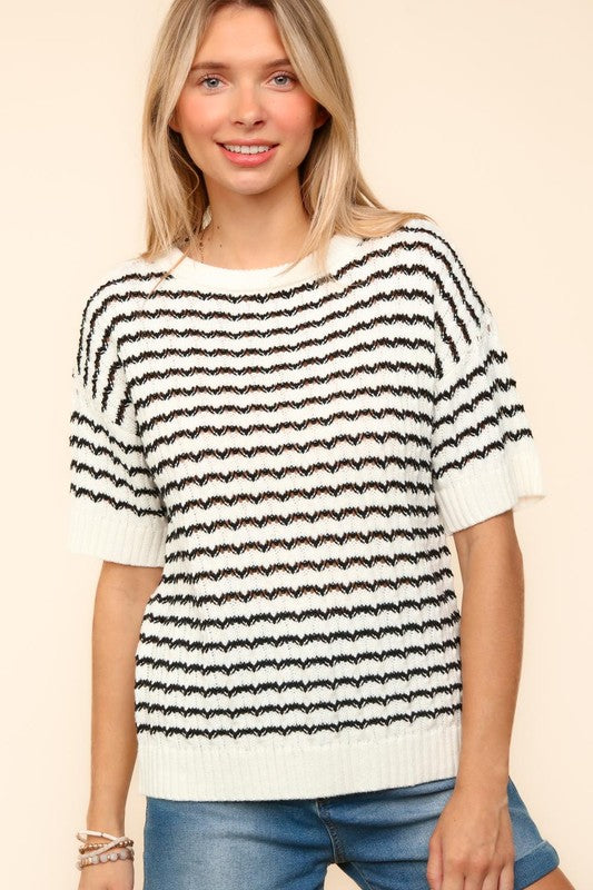 Striped Round Neck Half Sleeve Knit Top