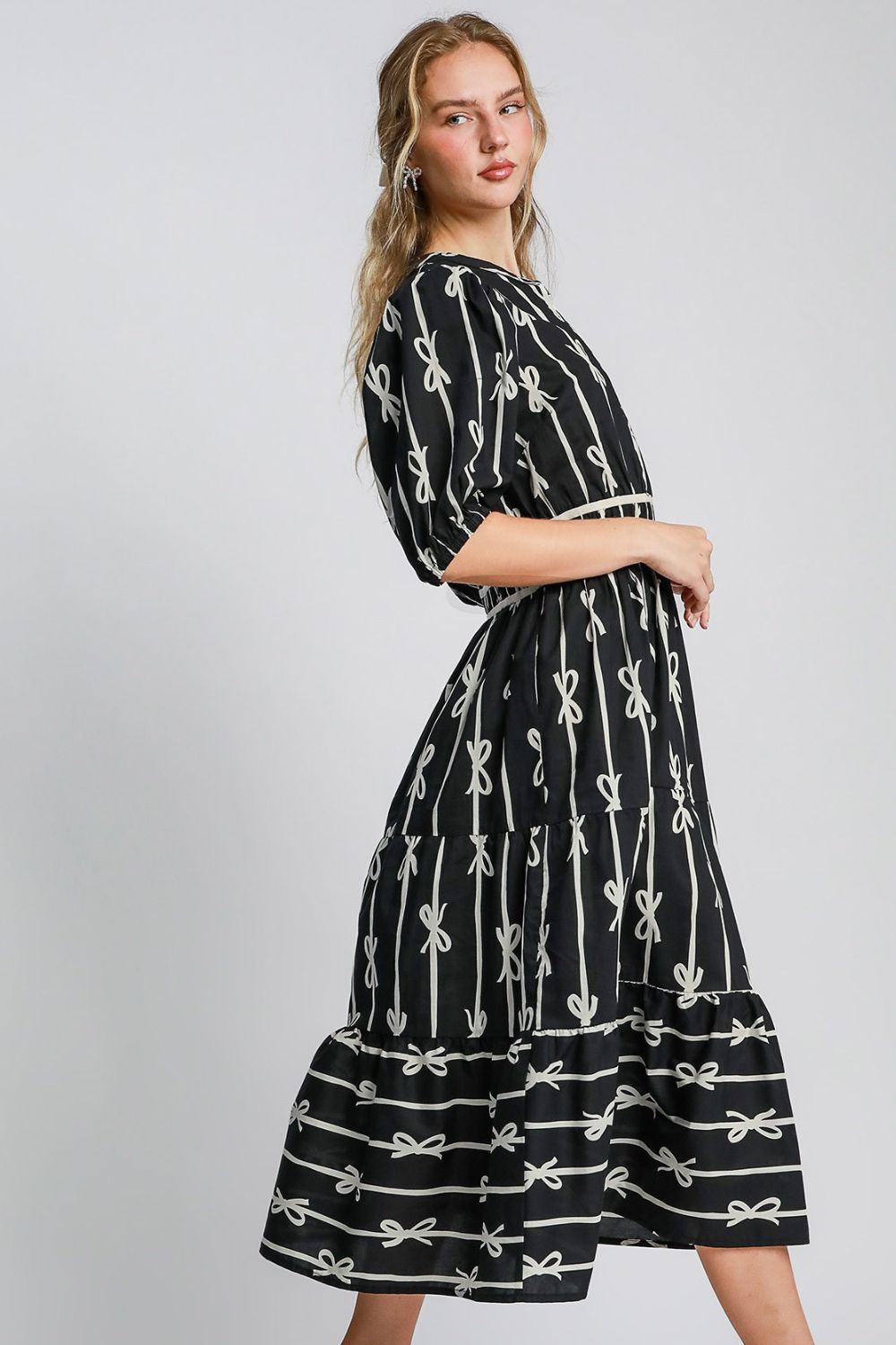 Print Notched Contrast Velvet Trim Midi Dress