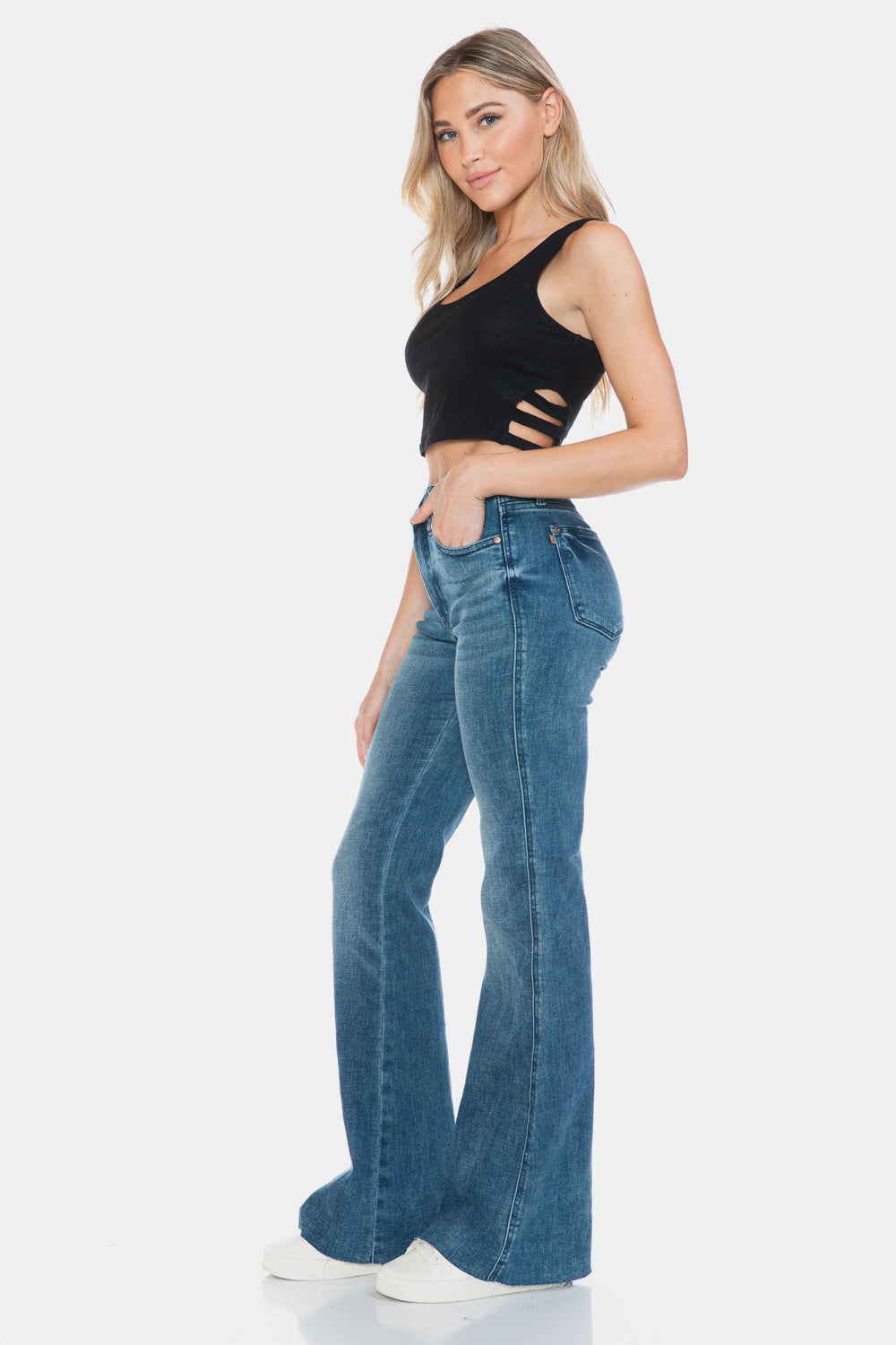 Full Size Tummy Control Cut Hem Flare Jeans