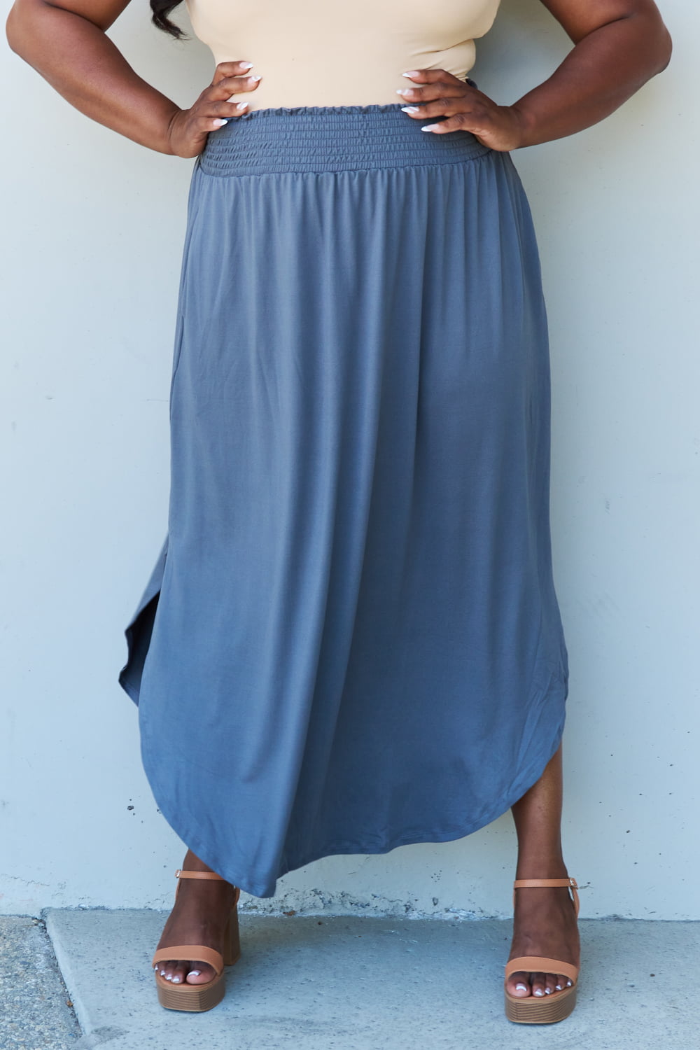 Full Size High Waist Scoop Hem Maxi Skirt in Charcoal