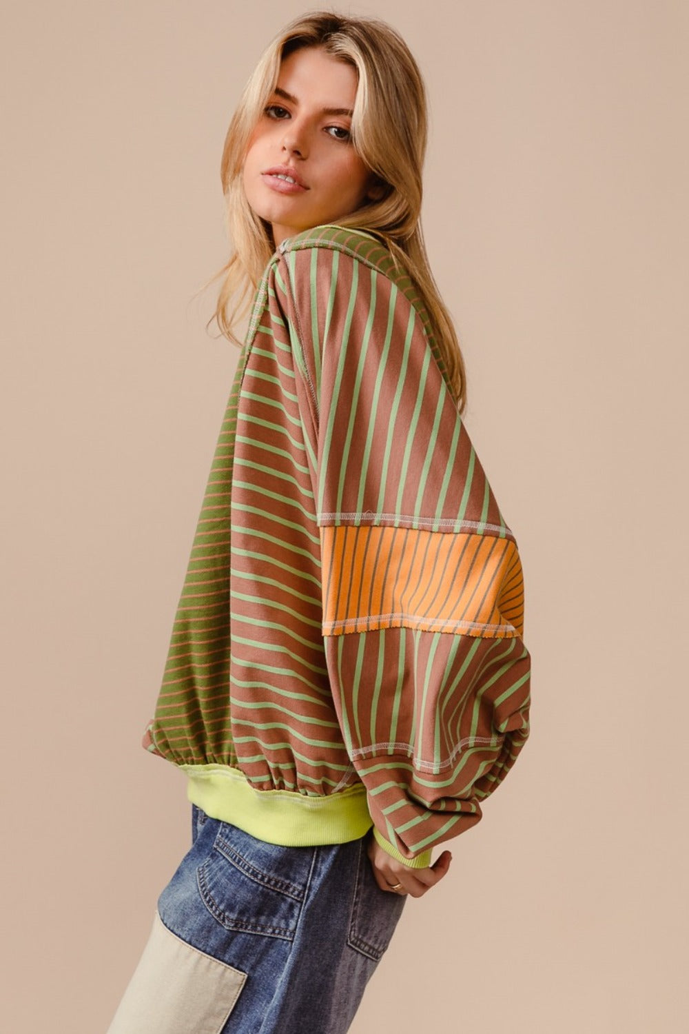 Color Block Striped Round Neck Sweatshirt