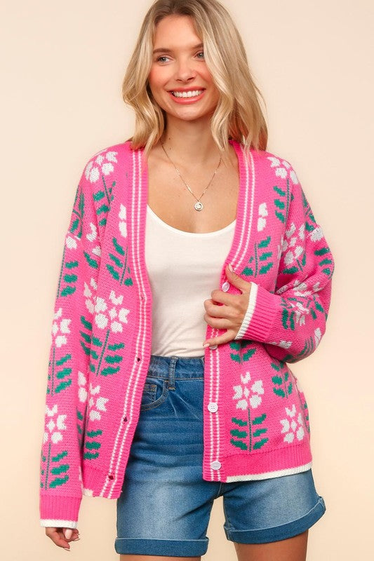 Full Size Floral Jacquard V-Neck Button Up Cardigan