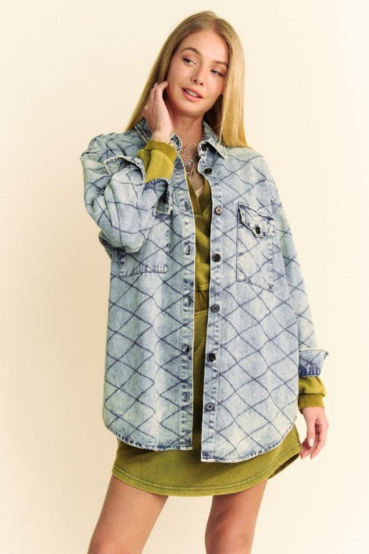 Curved Hem Diamond Quilted Button Up Denim Shacket