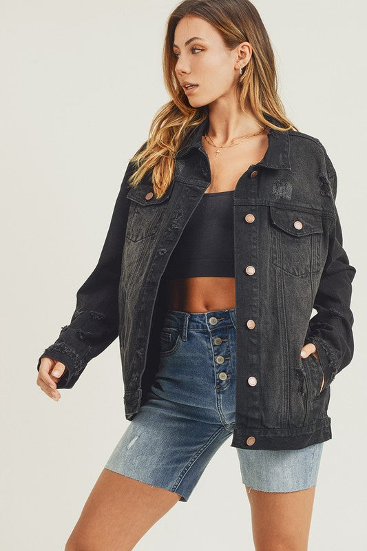 Full Size Distressed Long Sleeve Denim Jacket