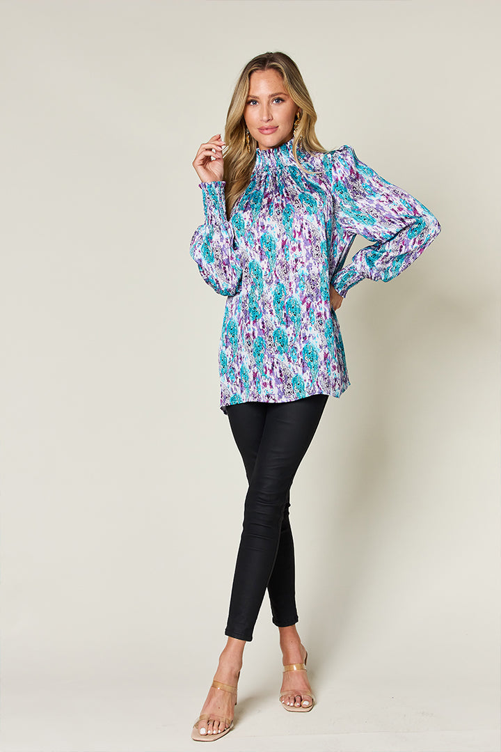 Full Size Printed Smocked Long Sleeve Blouse