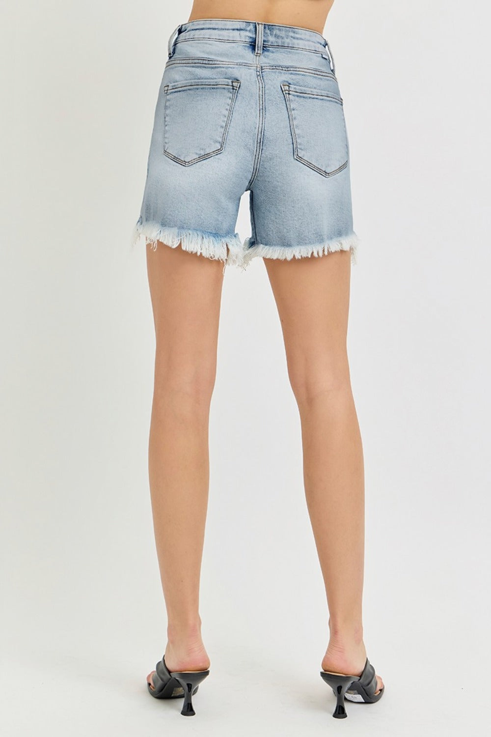 High Rise Side Step Hem Denim Shorts