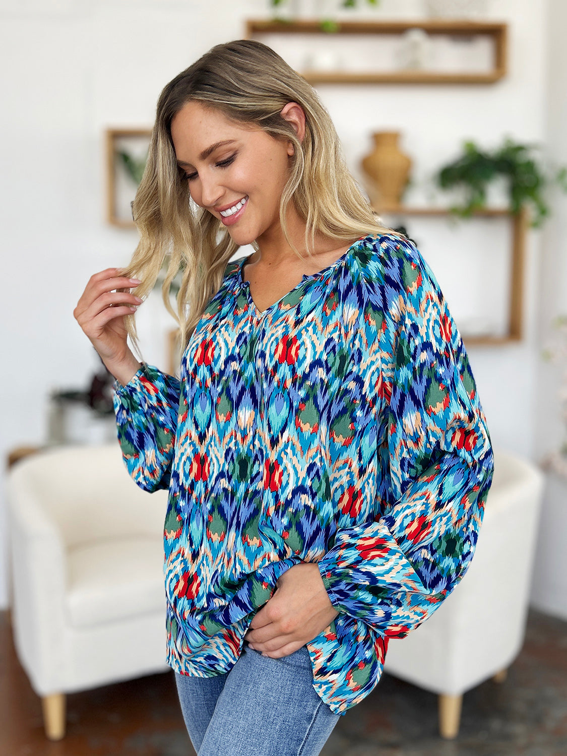 Full Size Printed Balloon Sleeve Blouse