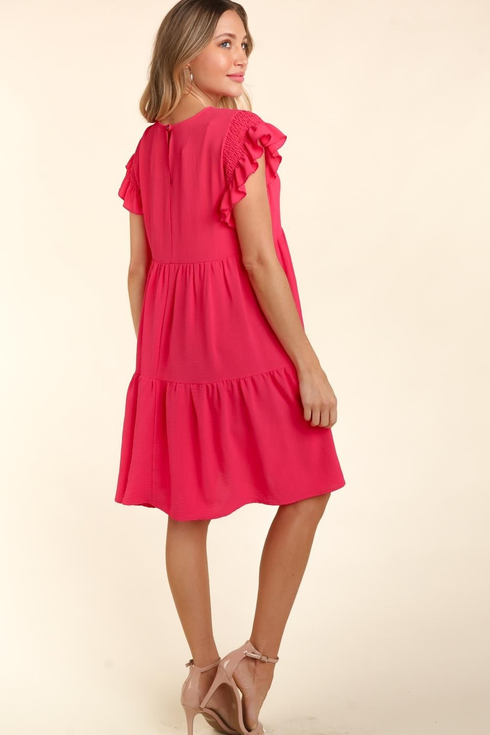 Full Size Smocking Ruffle Short Sleeve Dress with Pockets