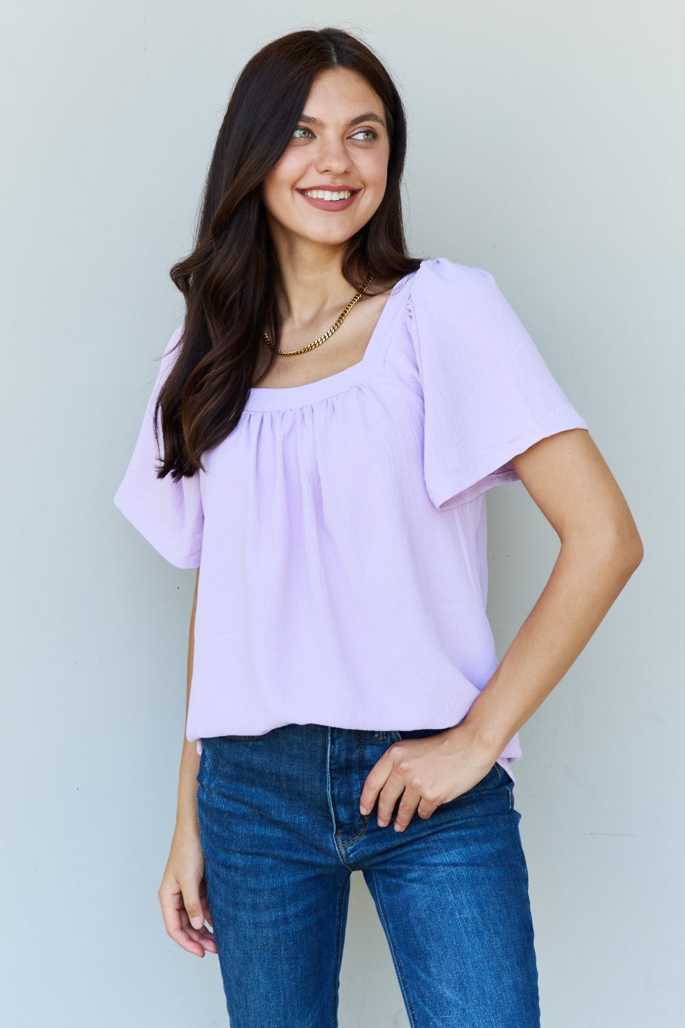 Neck Short Sleeve Blouse in Lavender