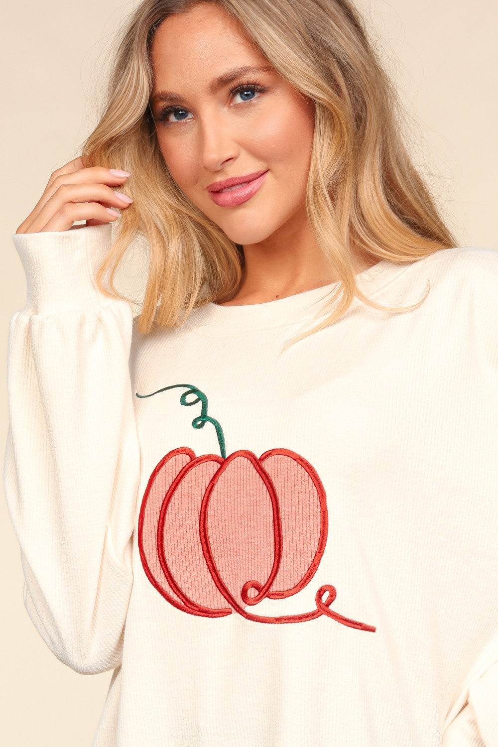 Full Size Embroidery Pumpkin Long Sleeve Knit Top