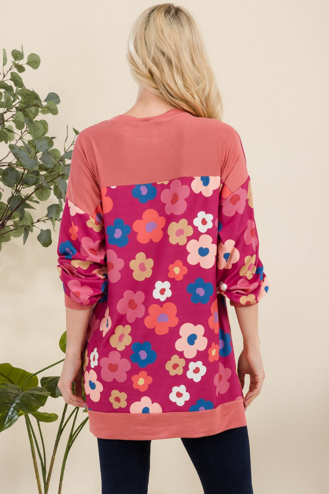 Full Size Side Slit Flower Print Long Sleeve Top