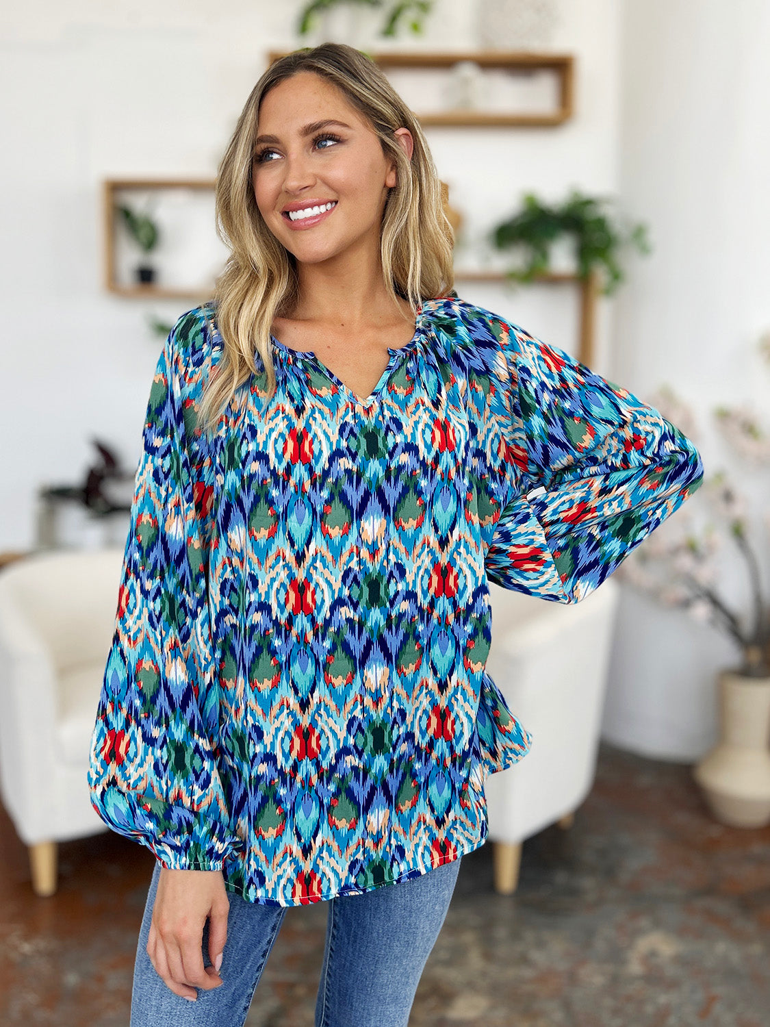 Full Size Printed Balloon Sleeve Blouse