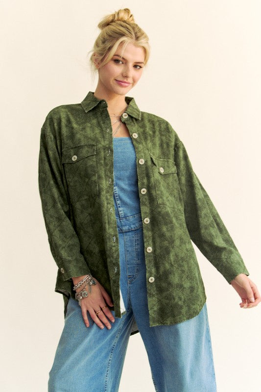 Curved Hem Diamond Quilted Button Up Denim Shacket