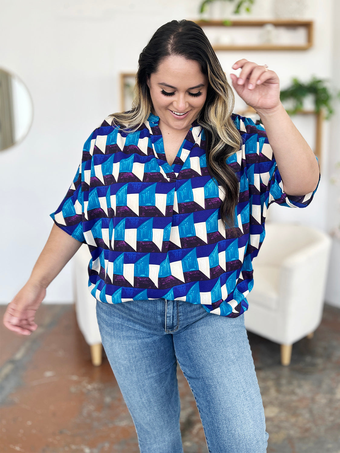 Full Size Geometric Notched Half Sleeve Blouse