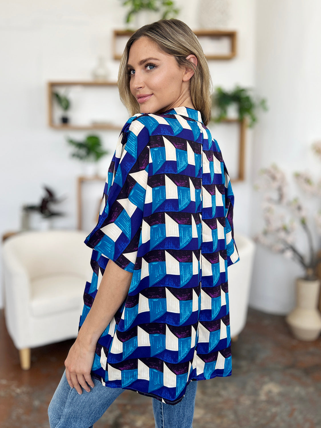 Full Size Geometric Notched Half Sleeve Blouse