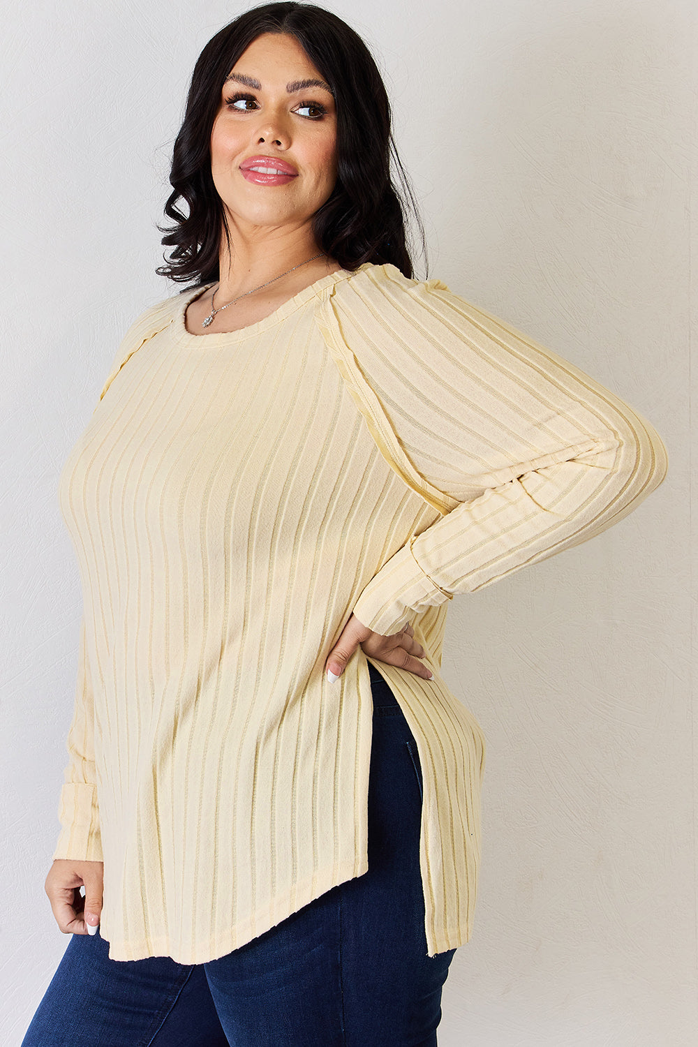 Full Size Ribbed Round Neck Slit T-Shirt