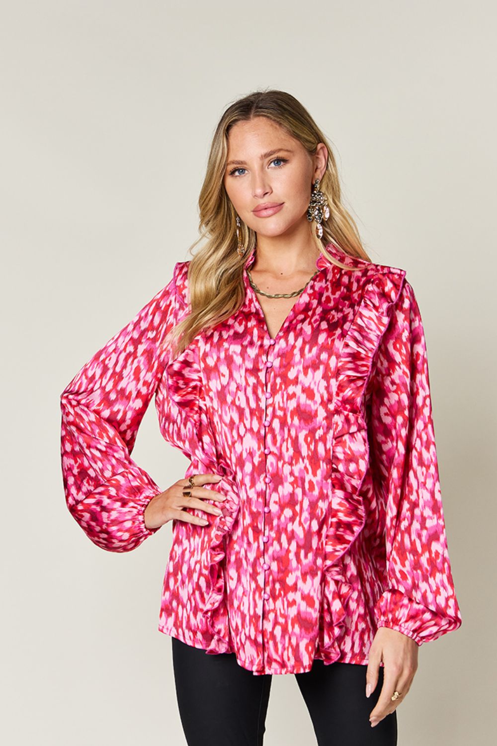 Full Size Printed Ruffle Trim Balloon Sleeve Shirt