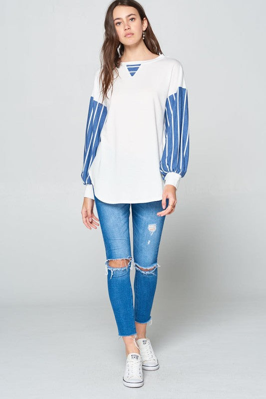 Full Size French Terry Striped Long Sleeve Top