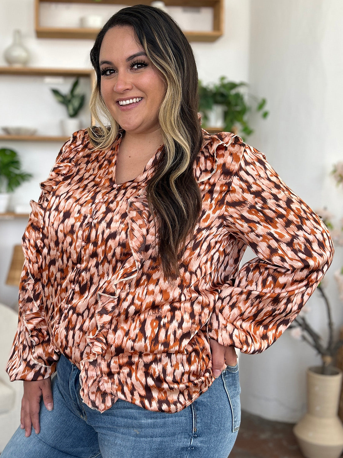 Full Size Printed Ruffle Trim Balloon Sleeve Shirt