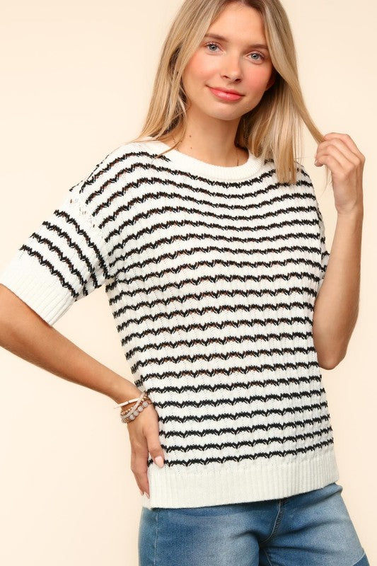 Striped Round Neck Half Sleeve Knit Top