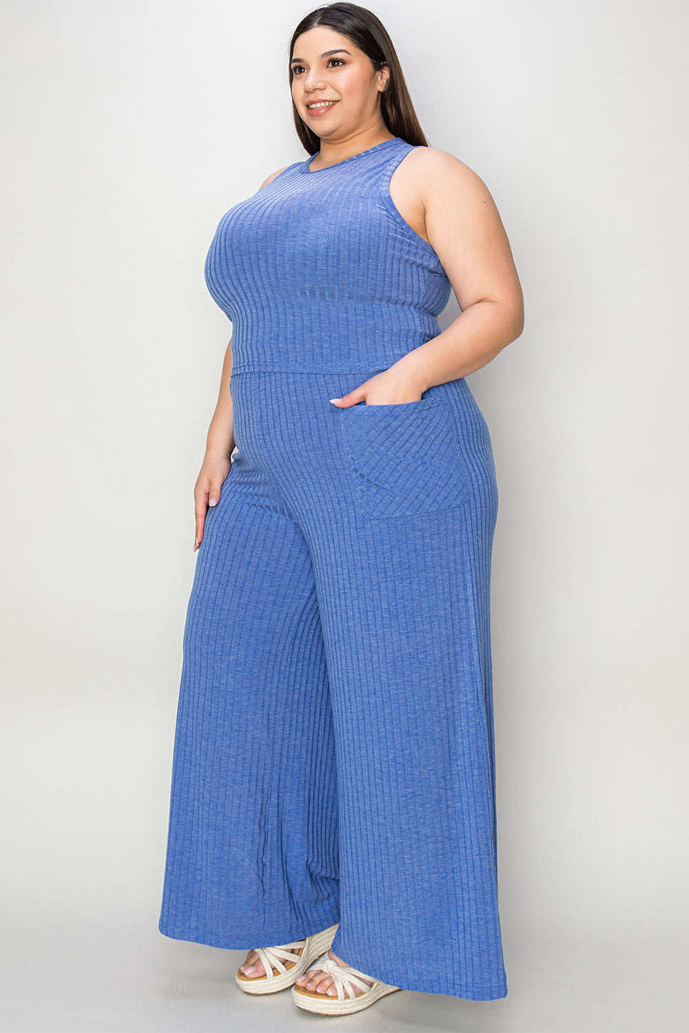 Full Size Ribbed Tank and Wide Leg Pants Set