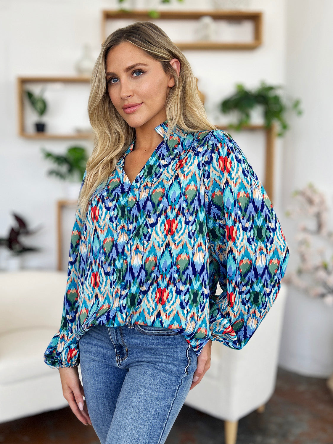 Full Size Printed Balloon Sleeve Blouse