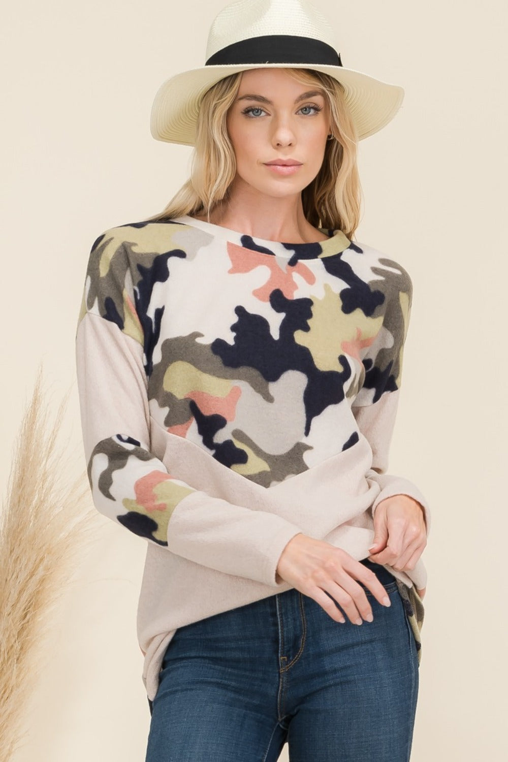 Full Size Camo Print Contrast Long Sleeve T-Shirt