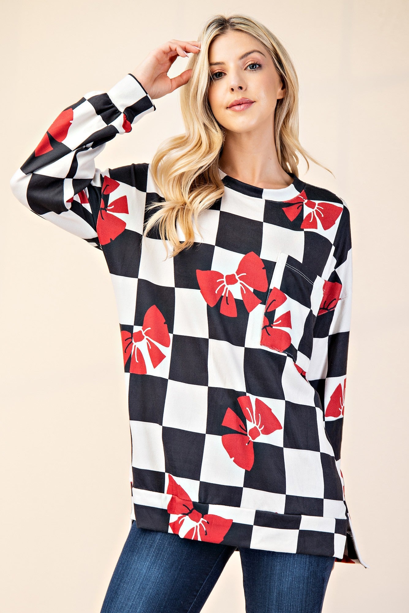 Full Size Checkered Bow Print Round Neck T-Shirt