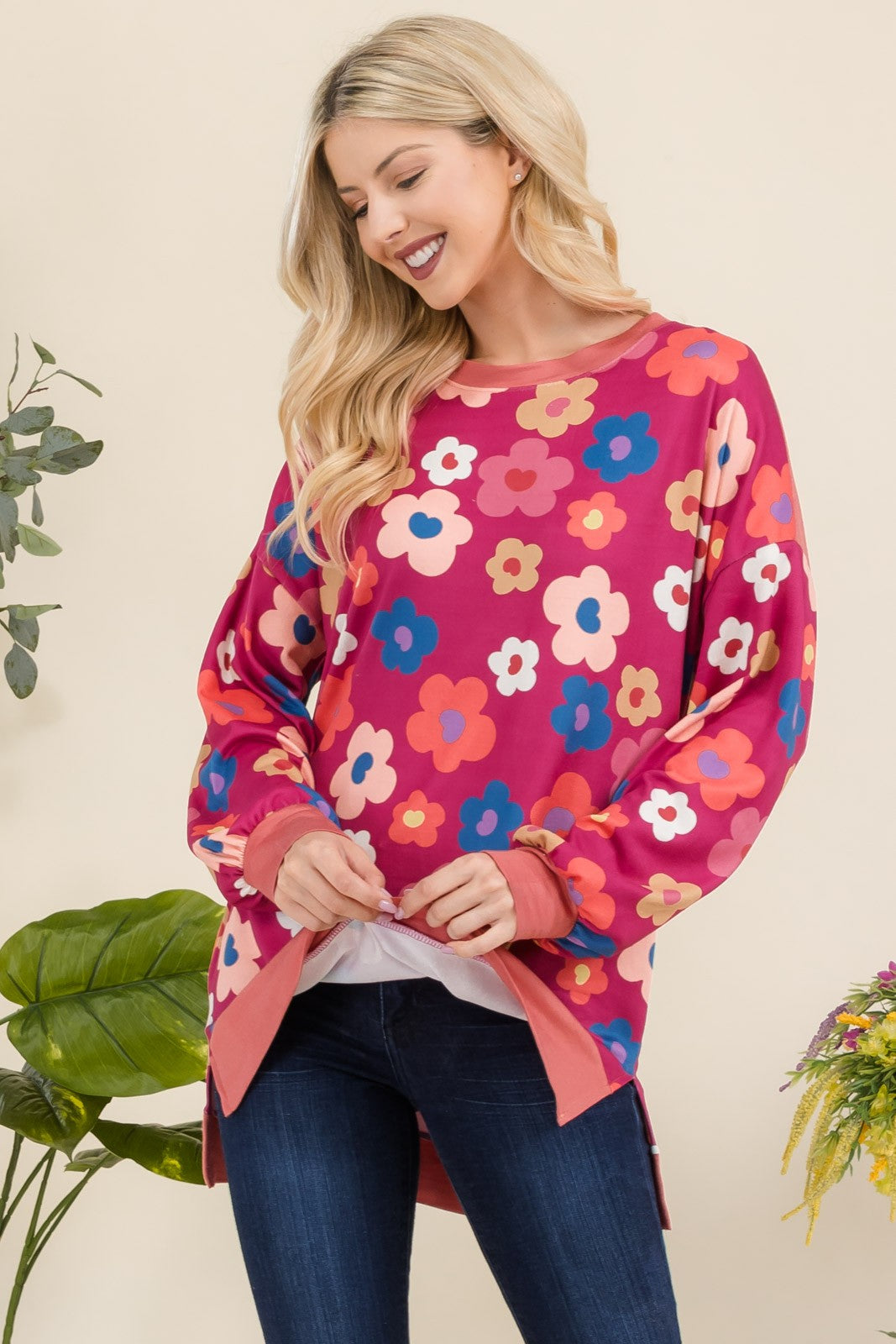 Full Size Side Slit Flower Print Long Sleeve Top