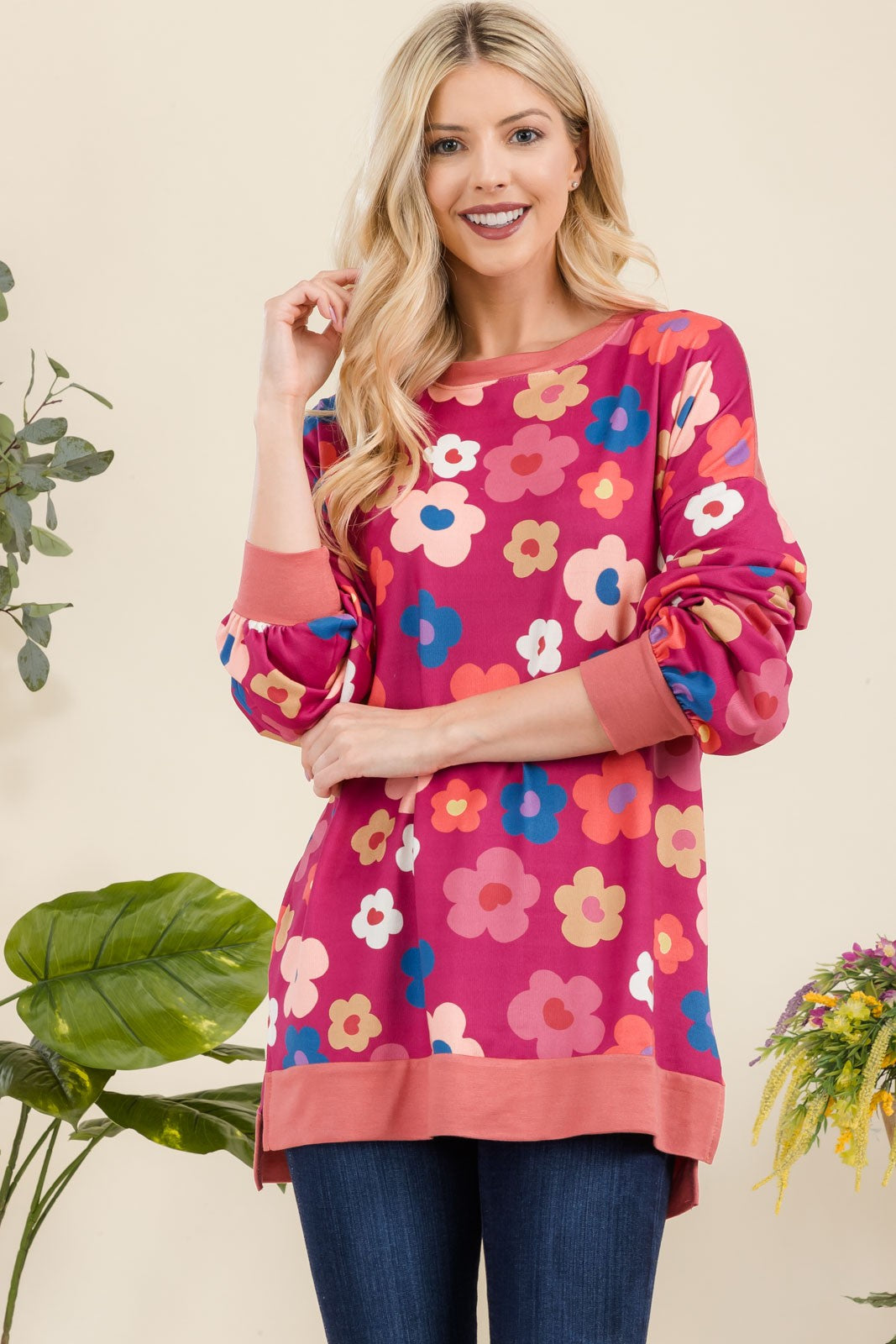 Full Size Side Slit Flower Print Long Sleeve Top