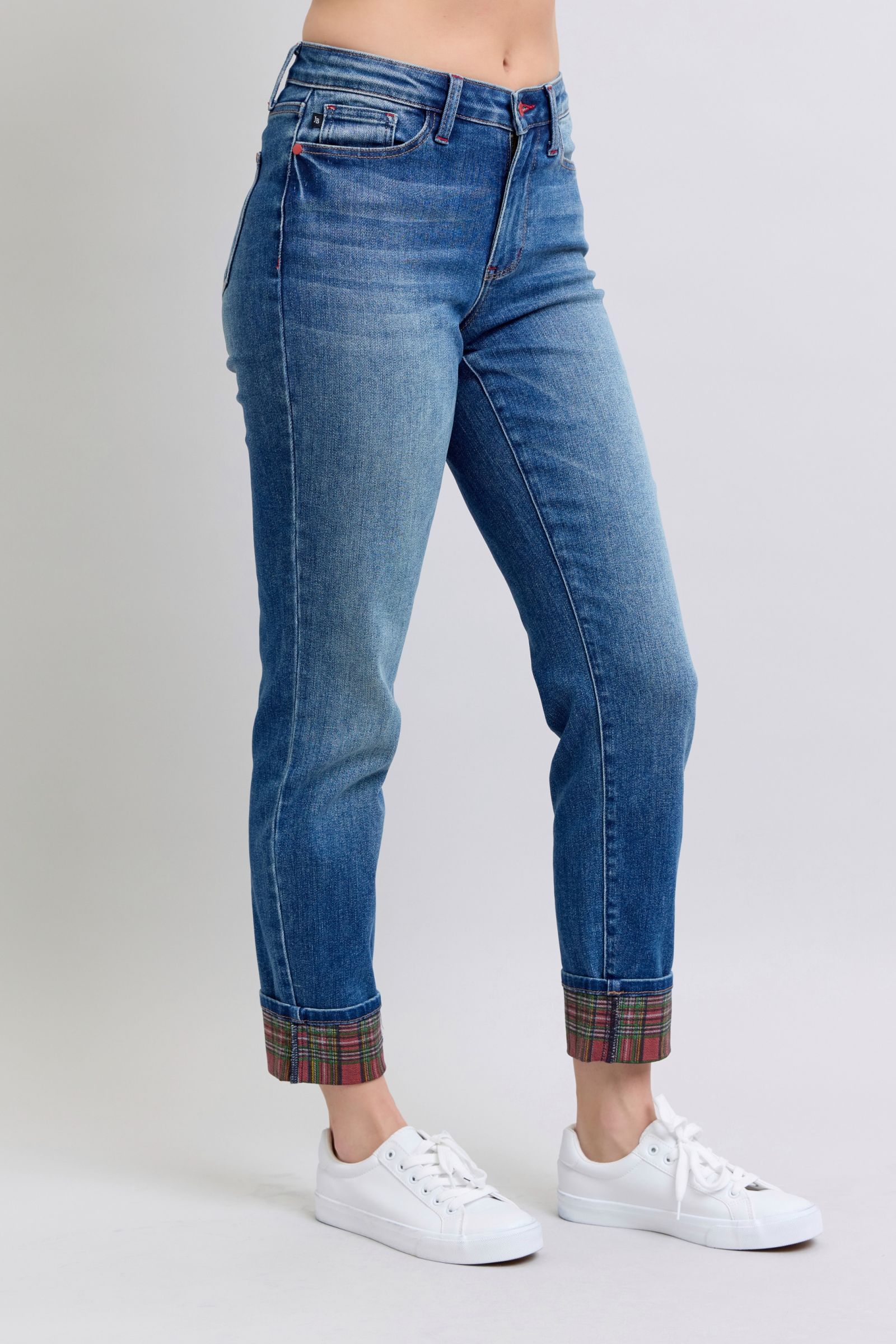 Full Size Plaid Print Cuff Straight Leg Jeans with Pockets