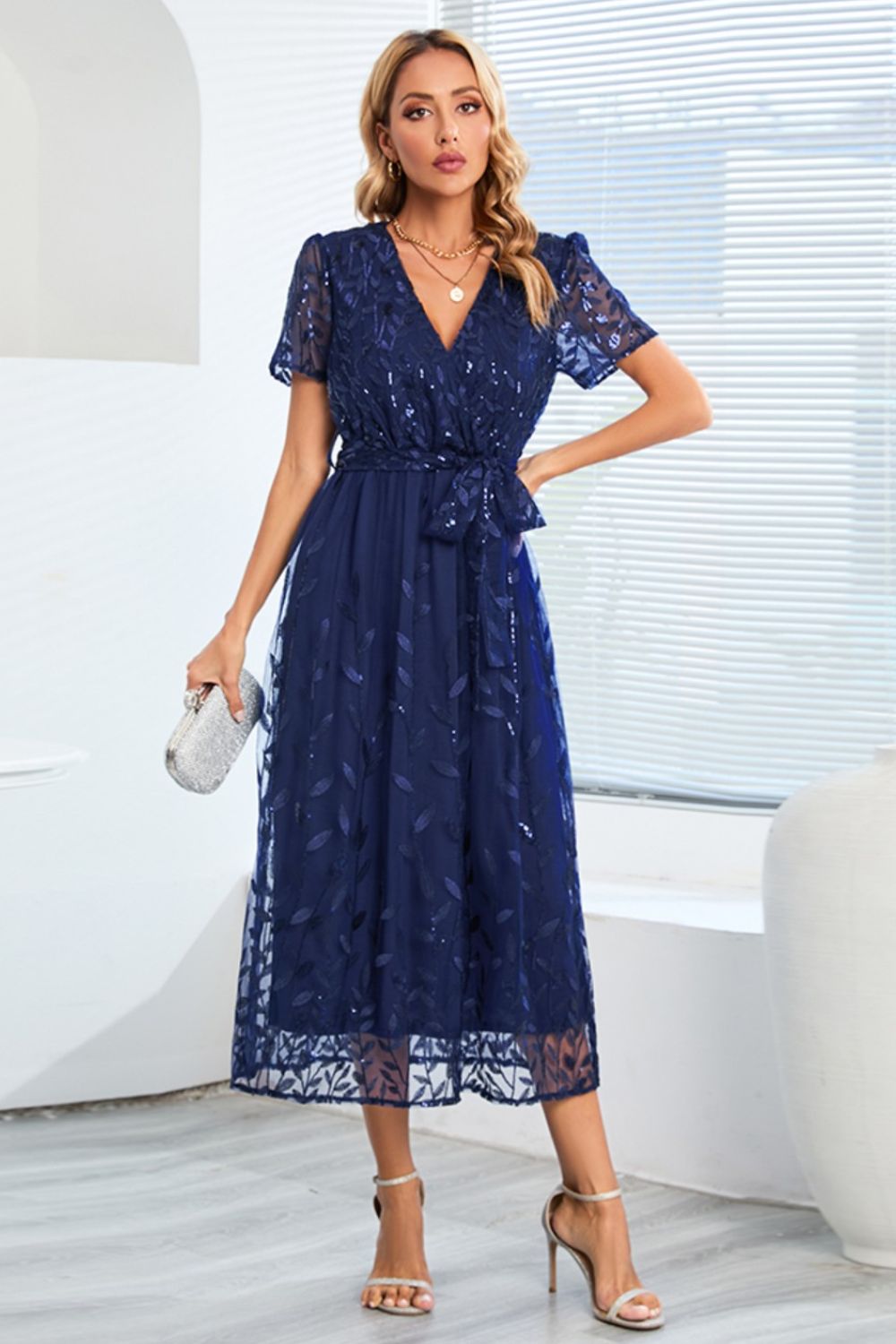 Leaf Embroidery Tie Front Short Sleeve Dress