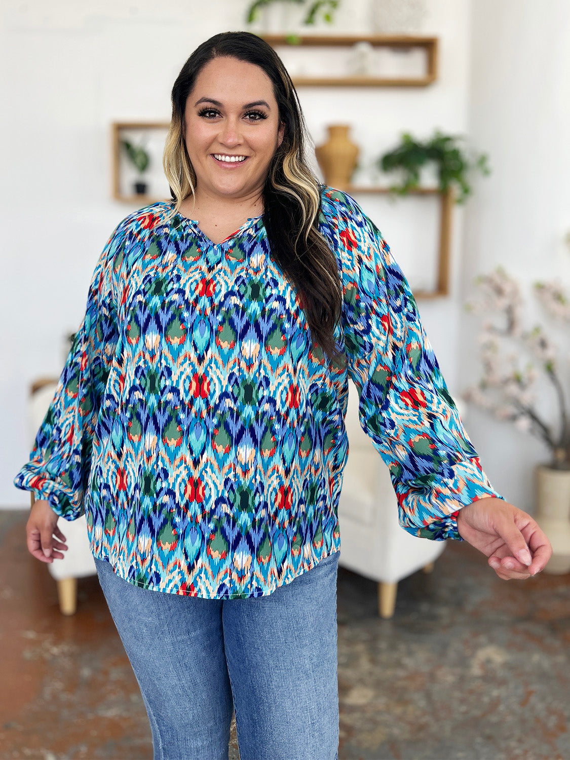 Full Size Printed Balloon Sleeve Blouse