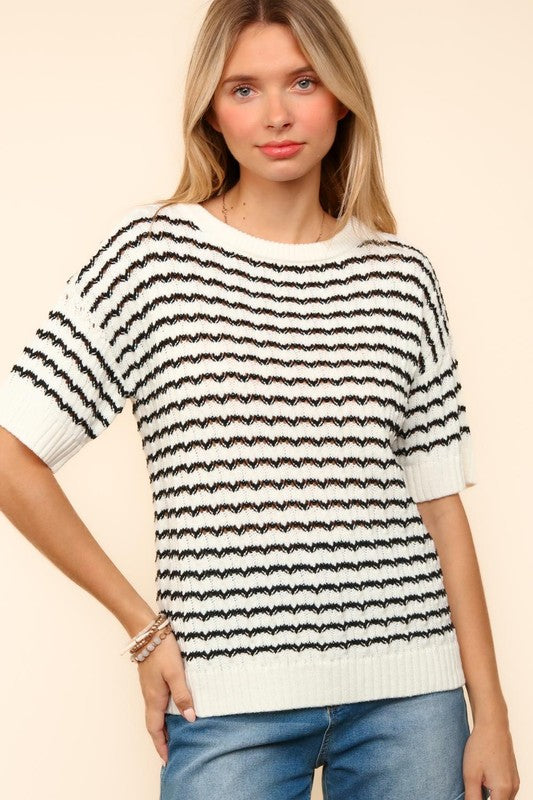 Striped Round Neck Half Sleeve Knit Top