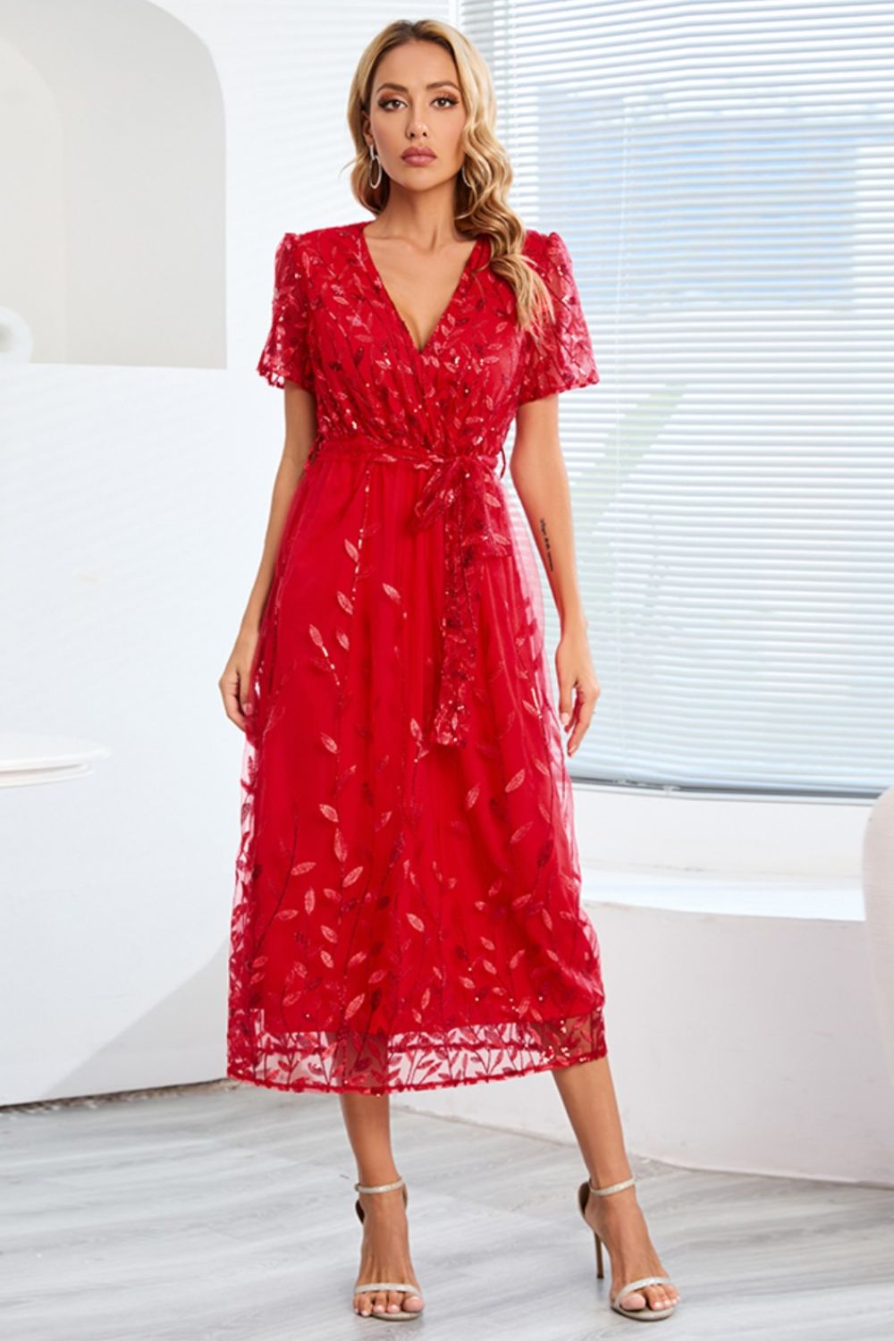 Leaf Embroidery Tie Front Short Sleeve Dress