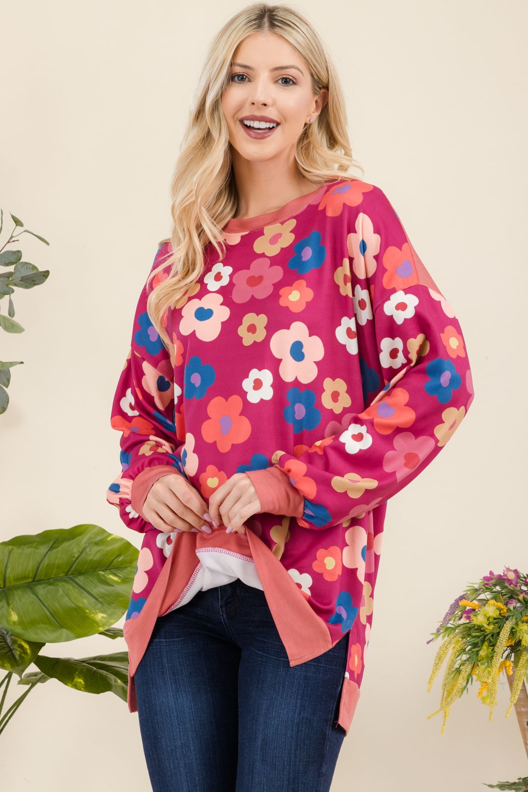 Full Size Side Slit Flower Print Long Sleeve Top