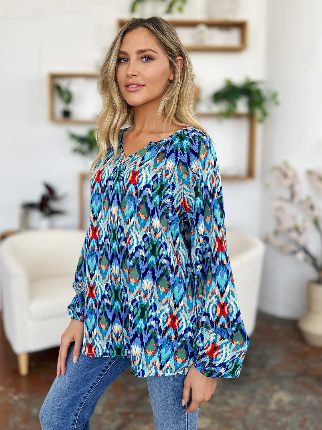 Full Size Printed Balloon Sleeve Blouse