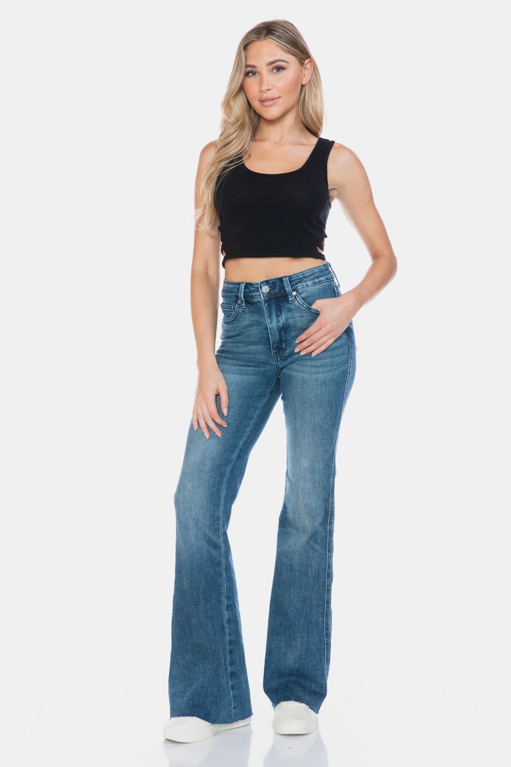 Full Size Tummy Control Cut Hem Flare Jeans