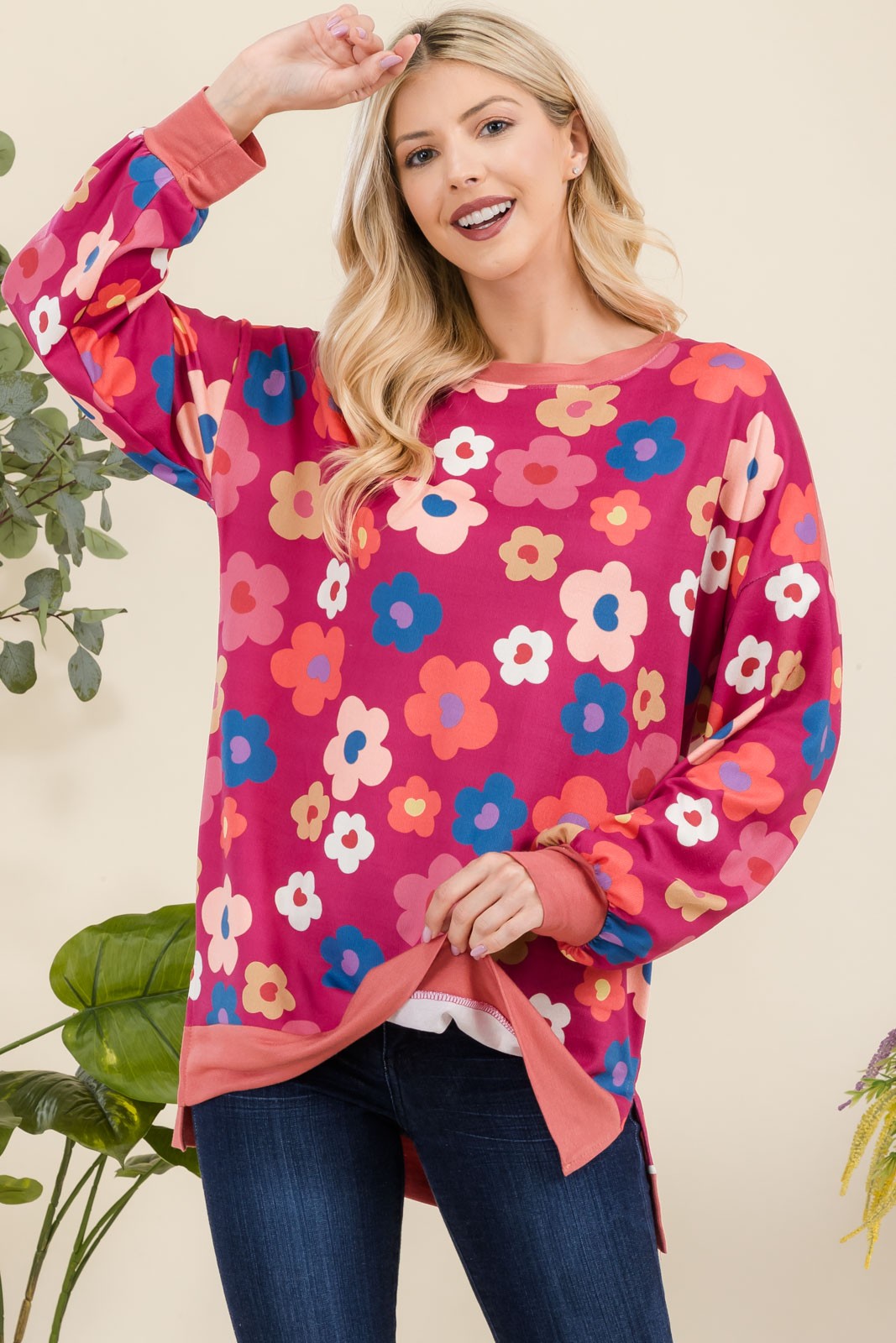 Full Size Side Slit Flower Print Long Sleeve Top