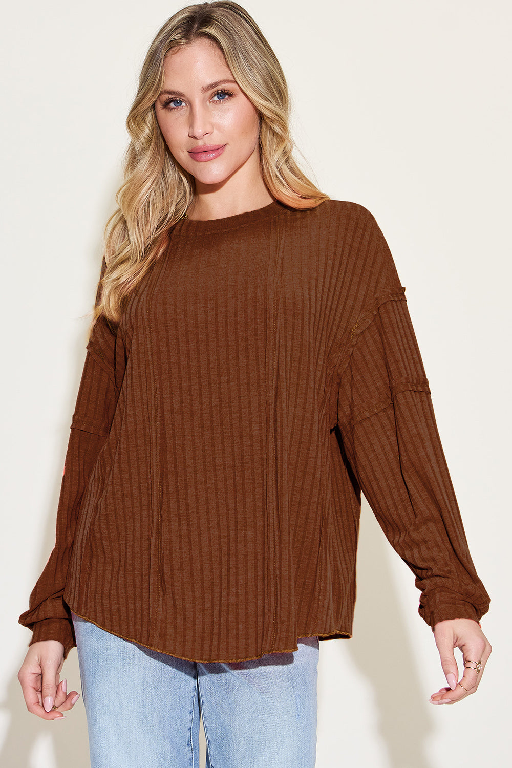 Full Size Ribbed Round Neck Long Sleeve T-Shirt