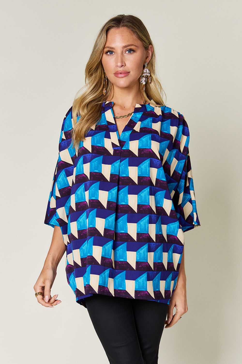 Full Size Geometric Notched Half Sleeve Blouse