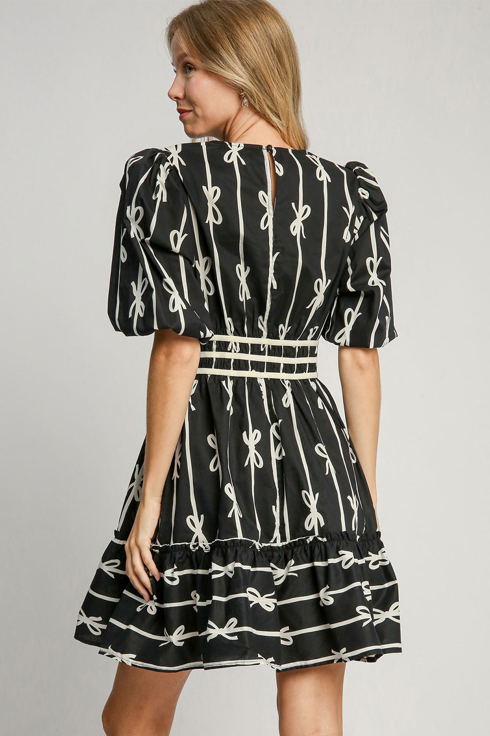 Print Frill Contrast Velvet Trim Half Sleeve Dress