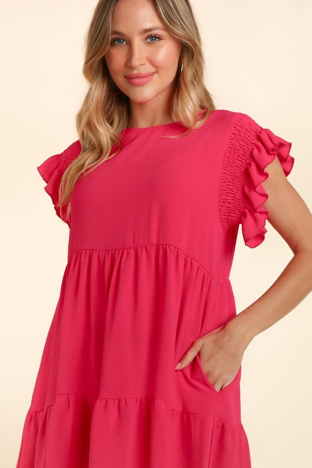 Full Size Smocking Ruffle Short Sleeve Dress with Pockets