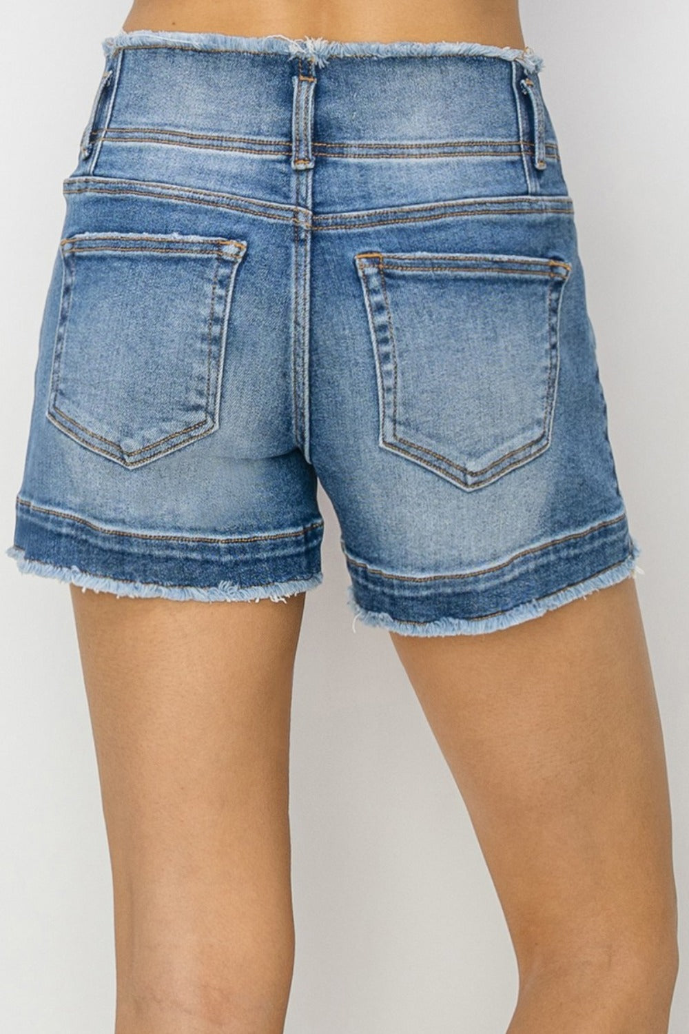 High Rise Seam Detailed Raw Edge Denim Shorts